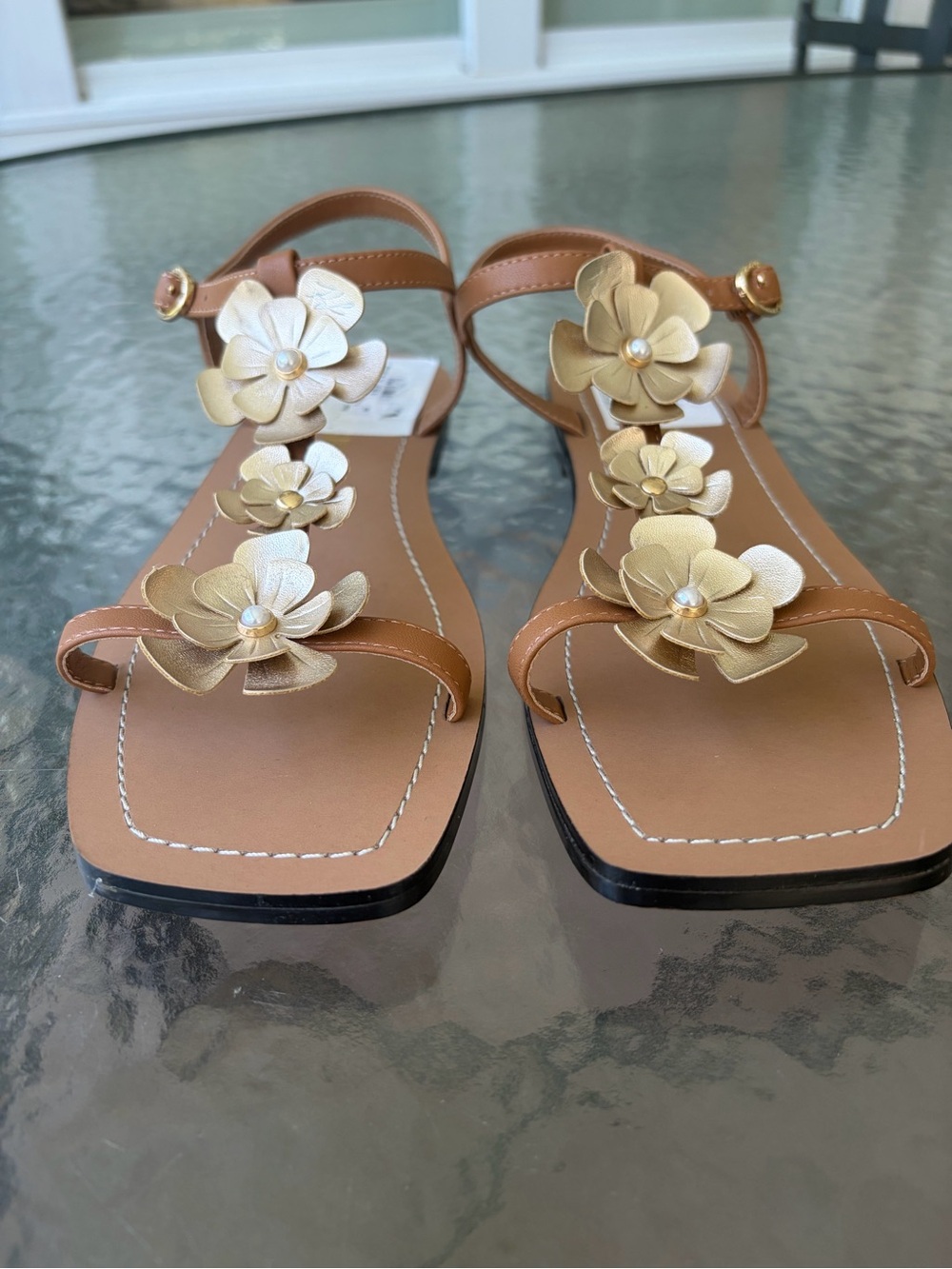 Karl Lagerfeld Tan Sandals with Gold Floral Appliqués sz 9M NWT